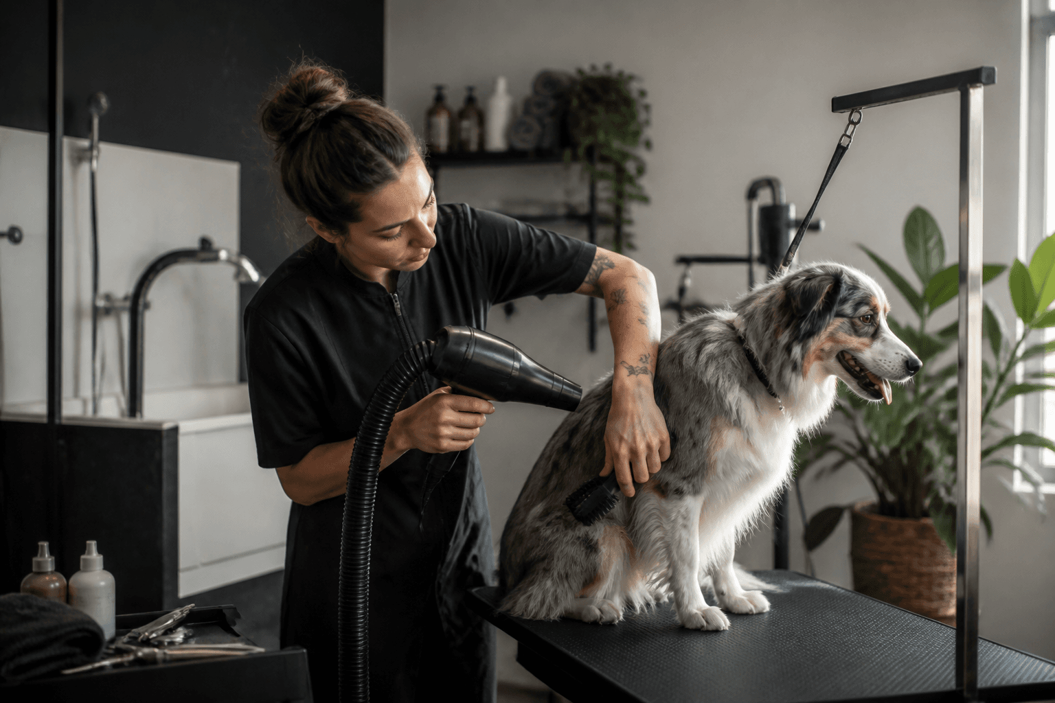 Profissional de banho e tosa secando e escovando um cão em uma mesa de grooming