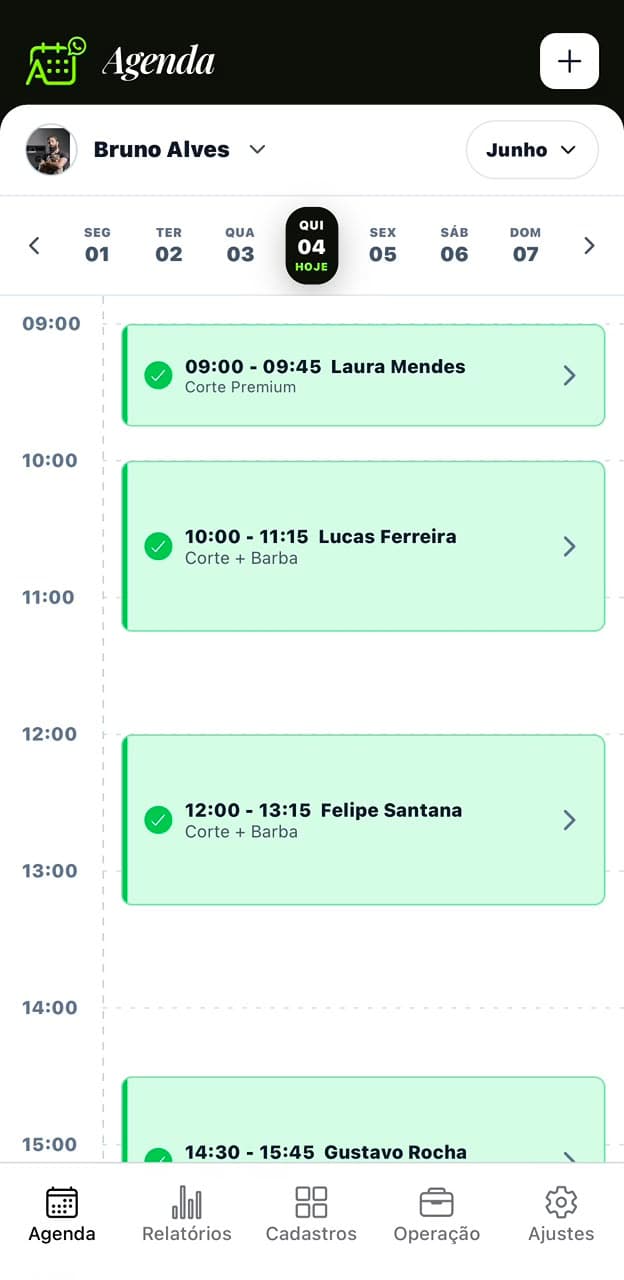 Captura real da agenda do Agendesk Beauty com profissional, dias, horários e atendimentos