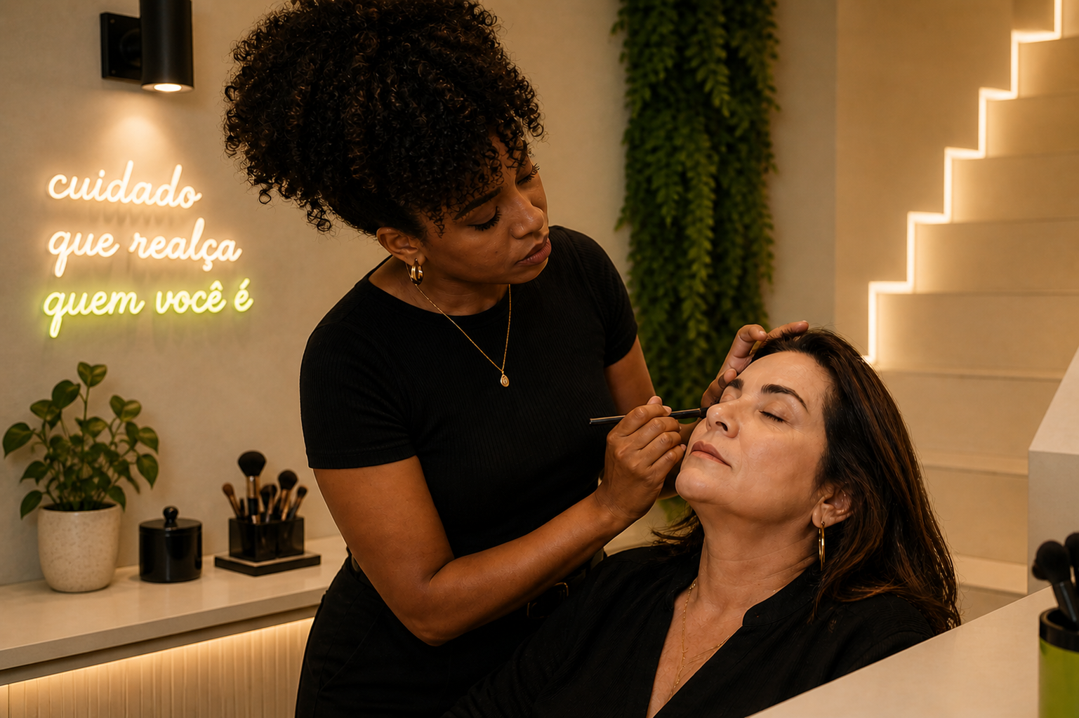 Profissional de estética realizando atendimento facial em uma cliente